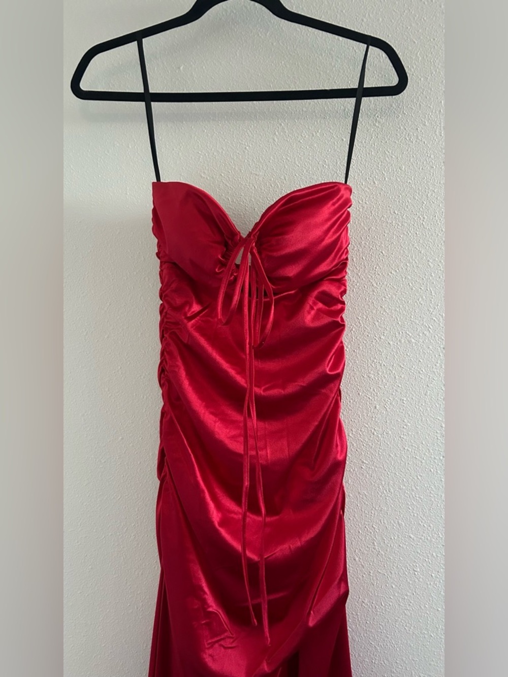 B. Smart Red Satin Ruched Strapless Dress with Tie Front